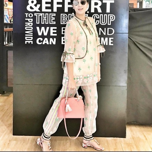 Other - Set of Floral Embroidered Sheer Blouse and Jogger pant in Pink